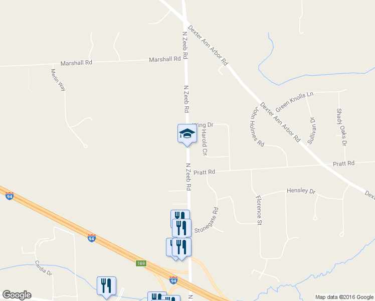 map of restaurants, bars, coffee shops, grocery stores, and more near 1095 North Zeeb Road in Ann Arbor