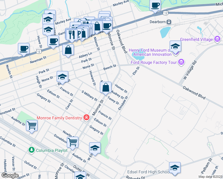 map of restaurants, bars, coffee shops, grocery stores, and more near 1751 Monroe Street in Dearborn