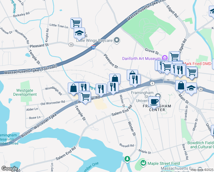 map of restaurants, bars, coffee shops, grocery stores, and more near 10 Tower Street in Framingham