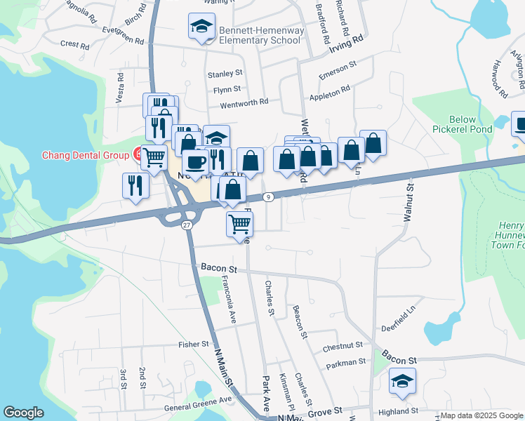 map of restaurants, bars, coffee shops, grocery stores, and more near 8 Lupine Road in Natick