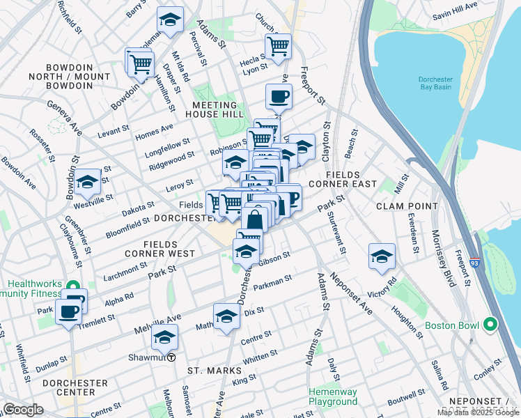 map of restaurants, bars, coffee shops, grocery stores, and more near 9 Faulkner Street in Boston