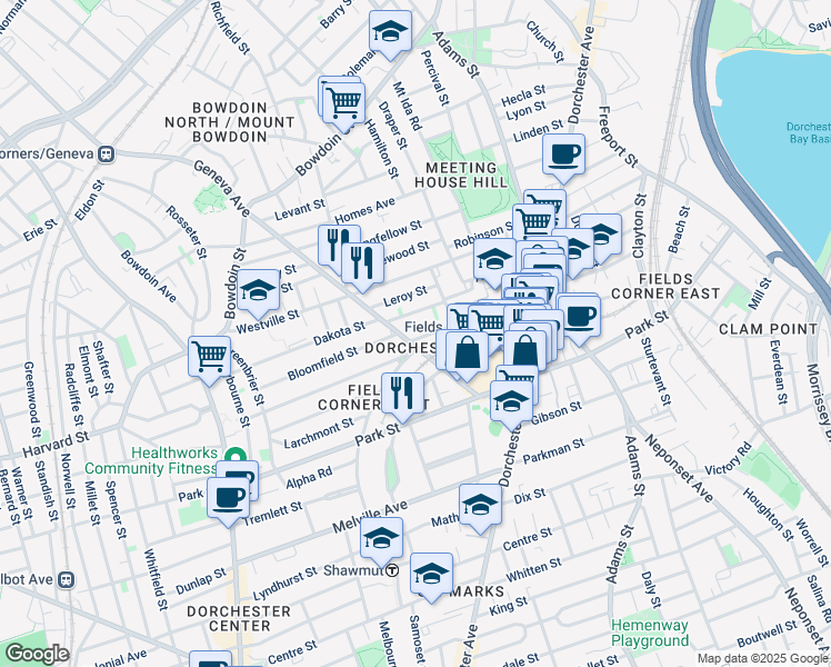 map of restaurants, bars, coffee shops, grocery stores, and more near in Boston