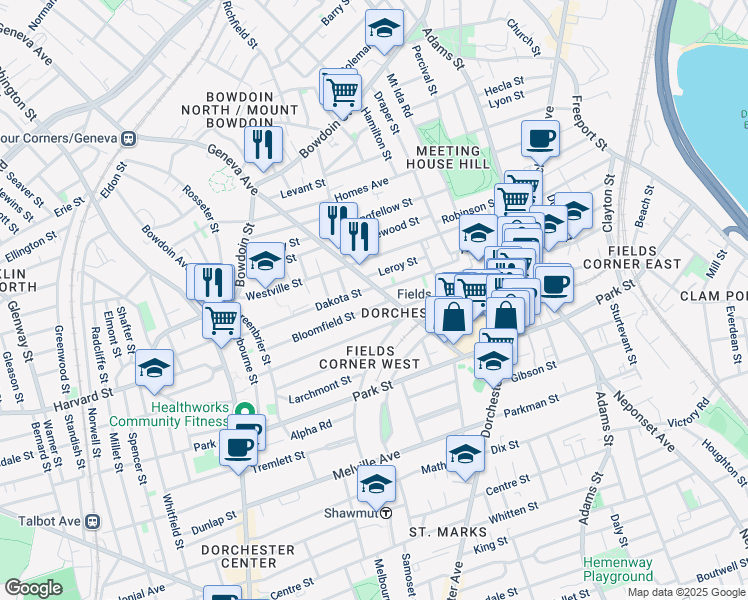 map of restaurants, bars, coffee shops, grocery stores, and more near 129-131 Dakota Street in Boston