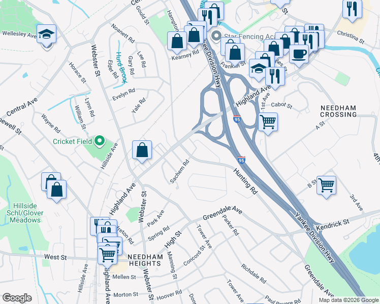 map of restaurants, bars, coffee shops, grocery stores, and more near 30 Sachem Road in Needham