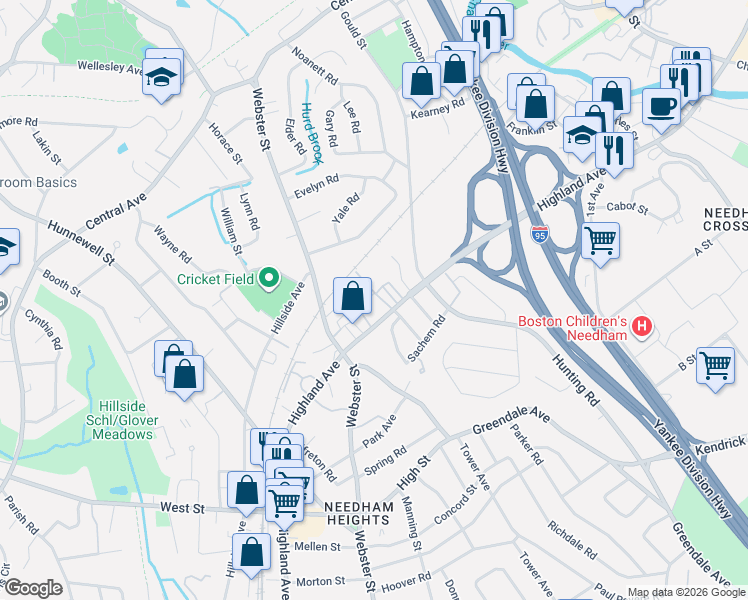 map of restaurants, bars, coffee shops, grocery stores, and more near 26 Cross Street in Needham