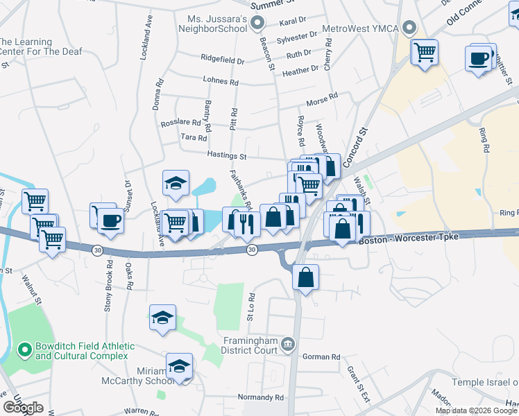 map of restaurants, bars, coffee shops, grocery stores, and more near 5 Fairbanks Road in Framingham