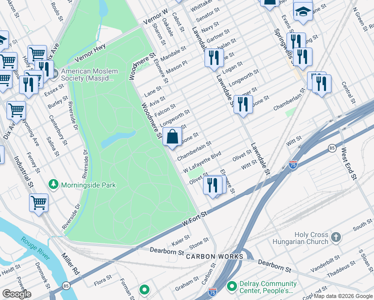 map of restaurants, bars, coffee shops, grocery stores, and more near 9170 Chamberlain Street in Detroit