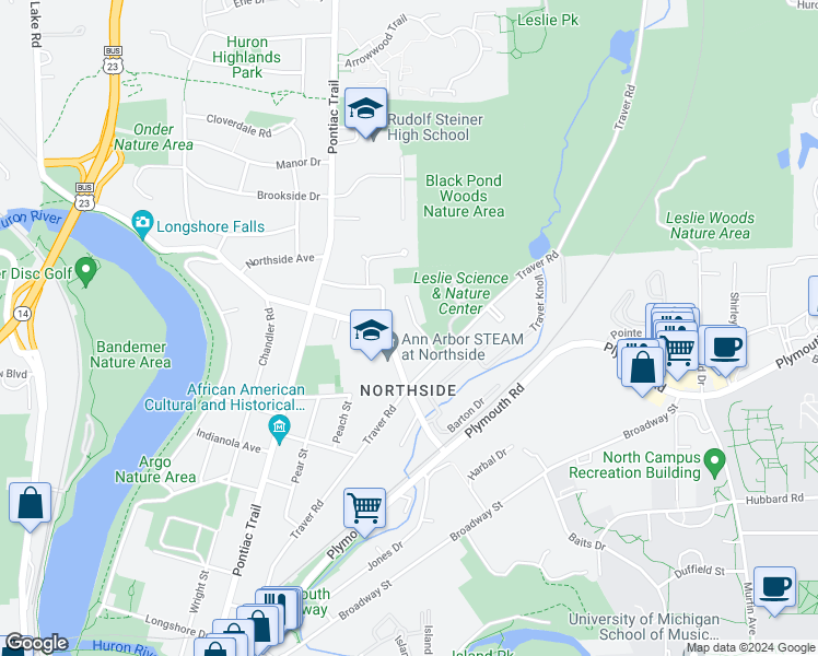 map of restaurants, bars, coffee shops, grocery stores, and more near 1730 David Court in Ann Arbor