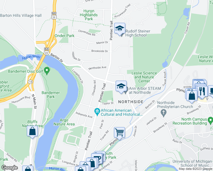 map of restaurants, bars, coffee shops, grocery stores, and more near 1822 Pontiac Trail in Ann Arbor