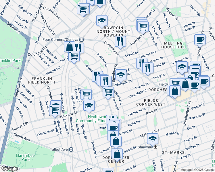 map of restaurants, bars, coffee shops, grocery stores, and more near 22 Bowdoin Avenue in Boston