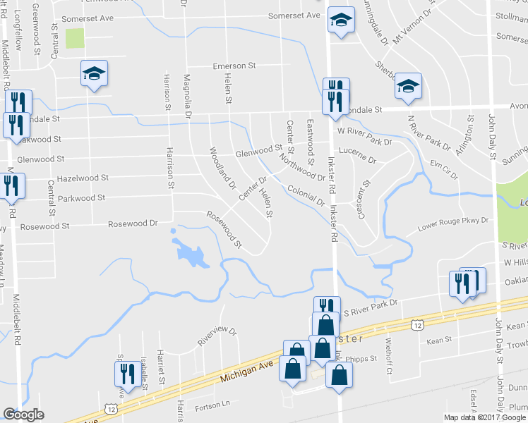 map of restaurants, bars, coffee shops, grocery stores, and more near 1508 Helen Street in Inkster