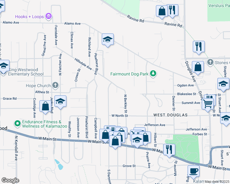 map of restaurants, bars, coffee shops, grocery stores, and more near 907 North Clarendon Street in Kalamazoo