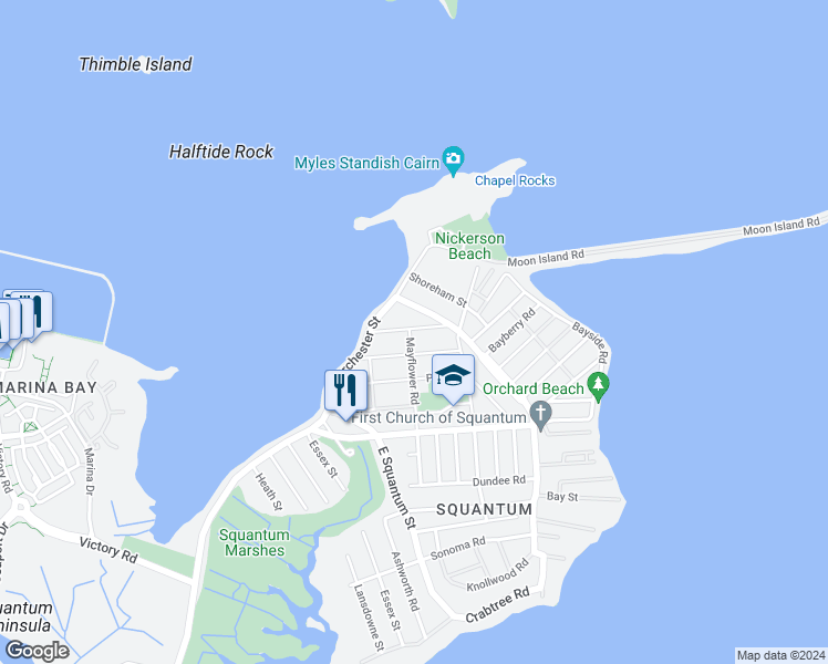 map of restaurants, bars, coffee shops, grocery stores, and more near 2 Mayflower Road in Quincy