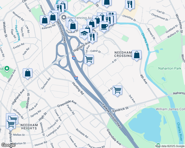 map of restaurants, bars, coffee shops, grocery stores, and more near 250 1st Avenue in Needham
