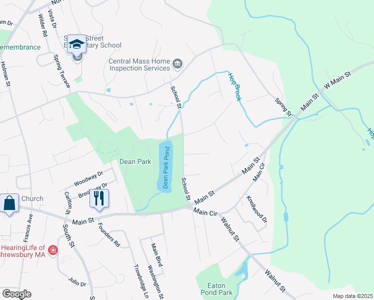 map of restaurants, bars, coffee shops, grocery stores, and more near 58 School Street in Shrewsbury