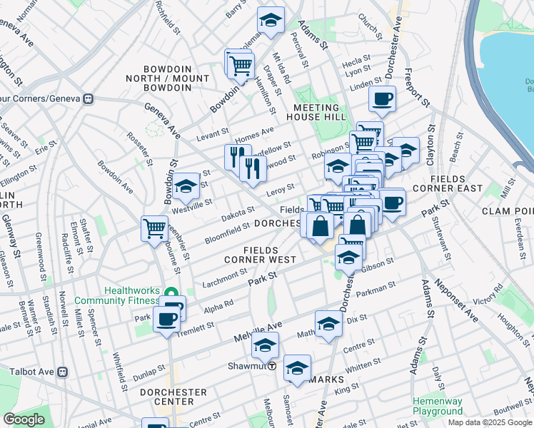 map of restaurants, bars, coffee shops, grocery stores, and more near in Boston
