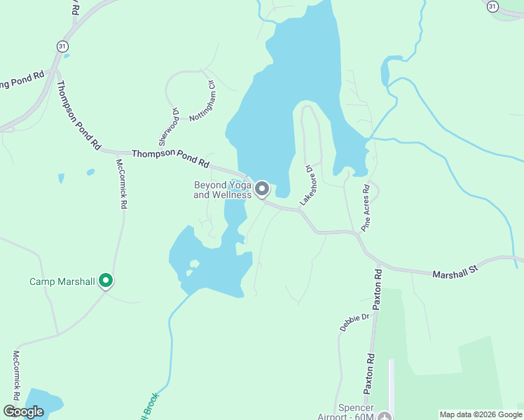 map of restaurants, bars, coffee shops, grocery stores, and more near 6 Oak Lane in Spencer