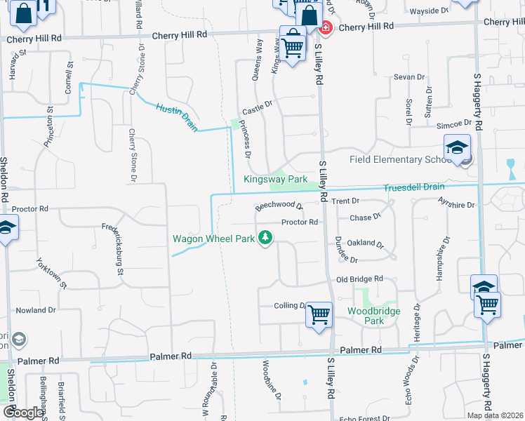 map of restaurants, bars, coffee shops, grocery stores, and more near 42565 Beechwood Dr in Canton