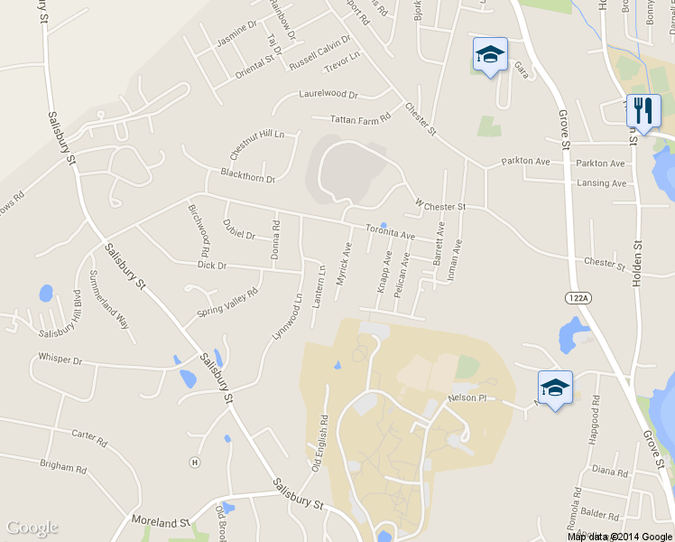 map of restaurants, bars, coffee shops, grocery stores, and more near 20 Myrick Avenue in Worcester