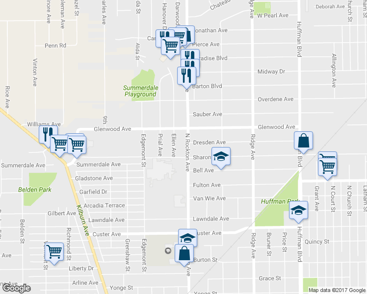 map of restaurants, bars, coffee shops, grocery stores, and more near 2524 North Rockton Avenue in Rockford