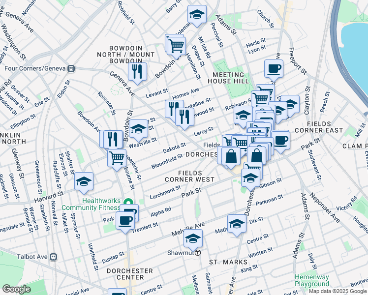 map of restaurants, bars, coffee shops, grocery stores, and more near 129-131 Dakota Street in Boston