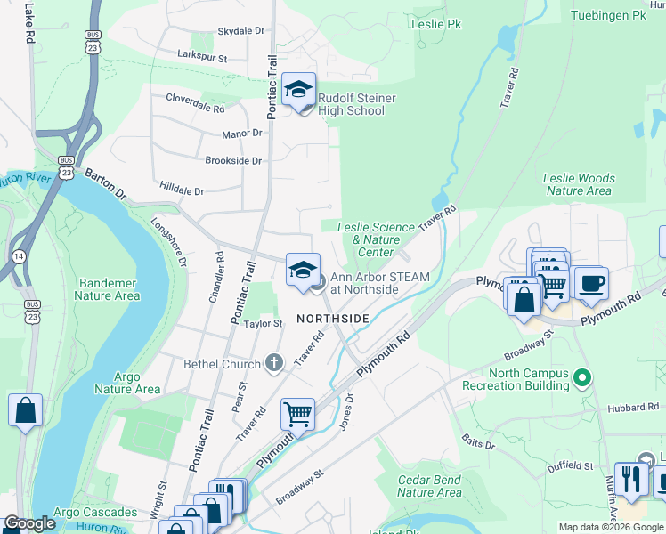 map of restaurants, bars, coffee shops, grocery stores, and more near 1730 David Court in Ann Arbor