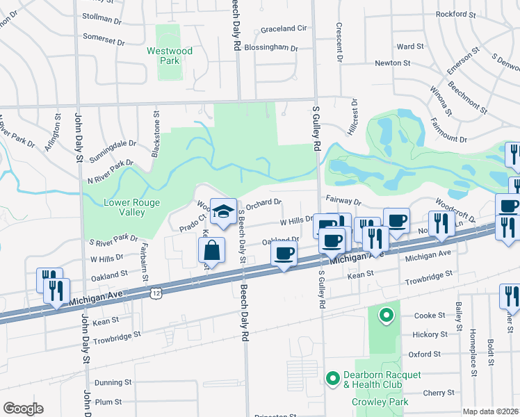map of restaurants, bars, coffee shops, grocery stores, and more near 25665 Orchard Drive in Dearborn Heights