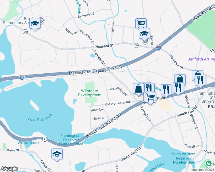 map of restaurants, bars, coffee shops, grocery stores, and more near 17 Old Wood Road in Framingham