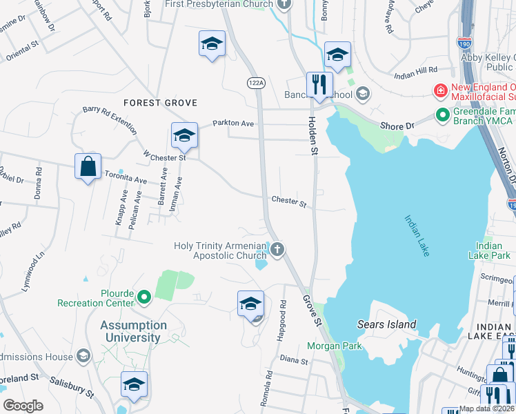 map of restaurants, bars, coffee shops, grocery stores, and more near 667 Grove Street in Worcester