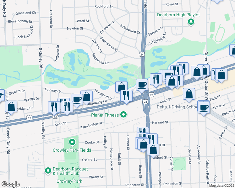 map of restaurants, bars, coffee shops, grocery stores, and more near 24320 Michigan Avenue in Dearborn