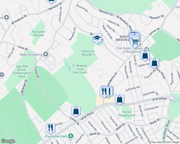 map of restaurants, bars, coffee shops, grocery stores, and more near 204 Sherman Road in Boston