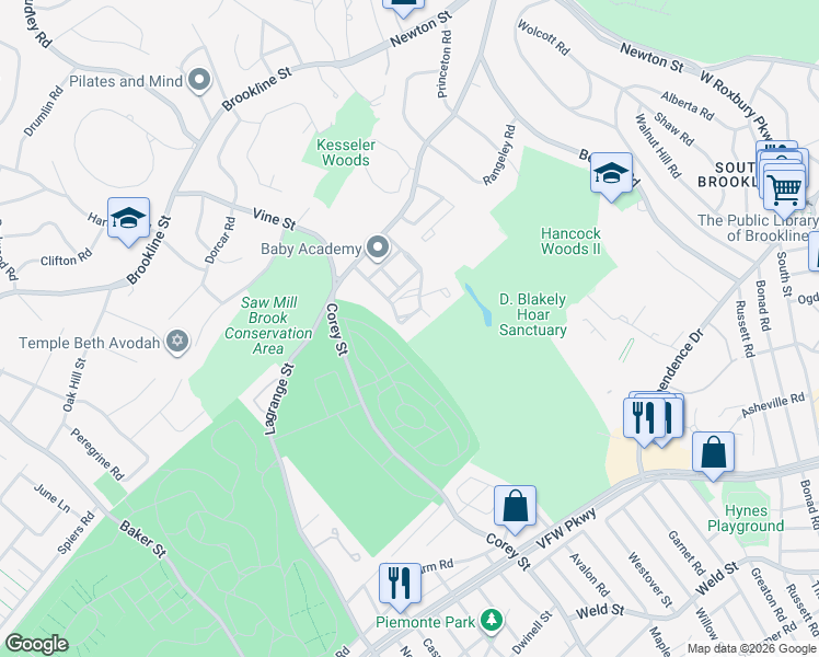 map of restaurants, bars, coffee shops, grocery stores, and more near 33 Westgate Road in Boston
