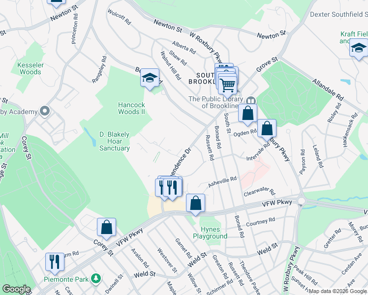 map of restaurants, bars, coffee shops, grocery stores, and more near 24 Gerry Road in Brookline