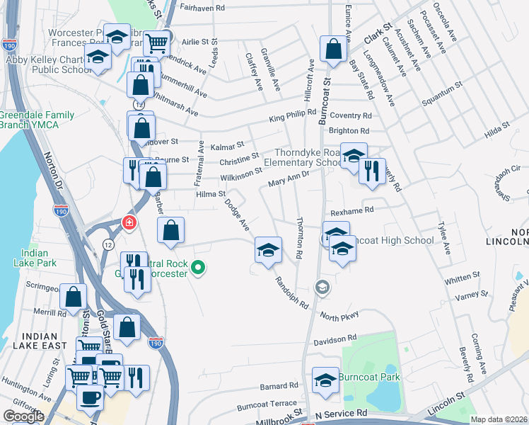 map of restaurants, bars, coffee shops, grocery stores, and more near 21 Mary Ann Drive in Worcester