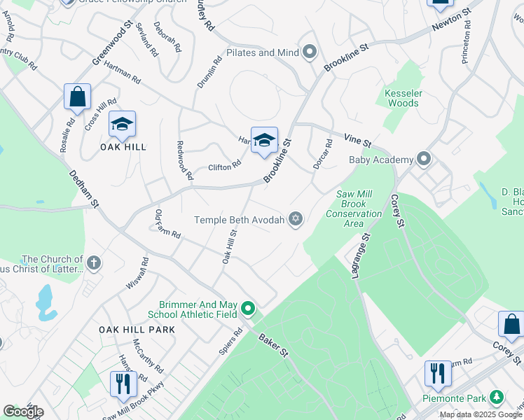 map of restaurants, bars, coffee shops, grocery stores, and more near 21 Puddingstone Lane in Newton