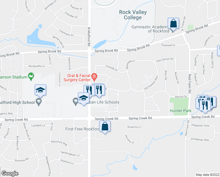 map of restaurants, bars, coffee shops, grocery stores, and more near 6153 Brynwood Drive in Rockford