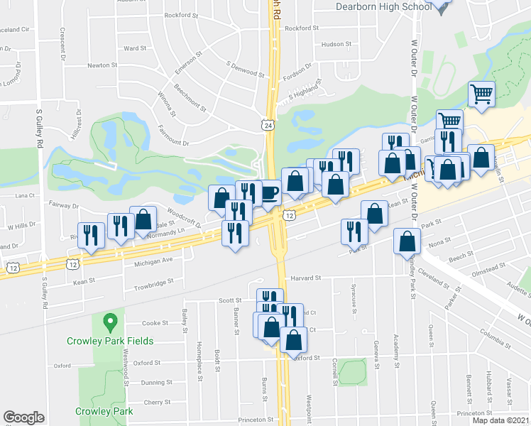 map of restaurants, bars, coffee shops, grocery stores, and more near 24100 Michigan Avenue in Dearborn