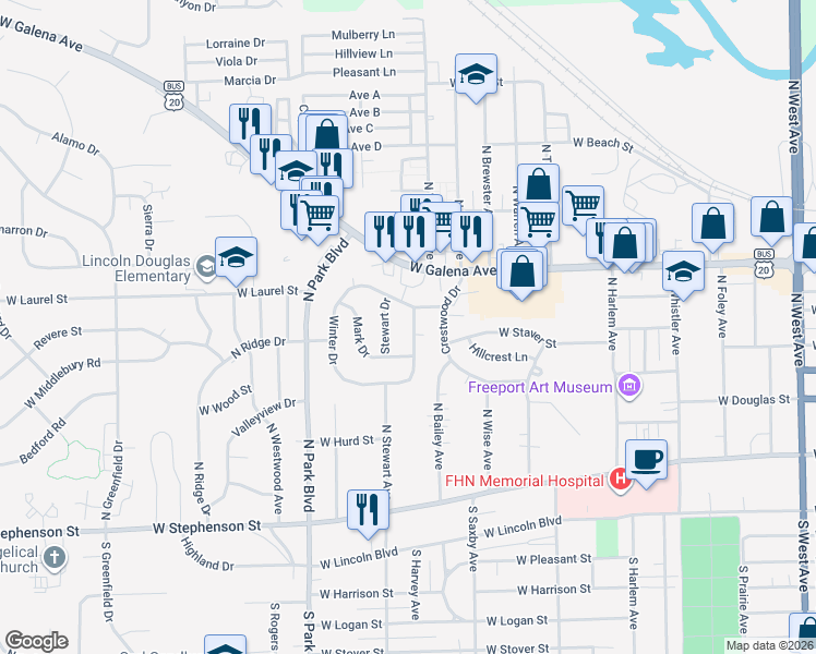 map of restaurants, bars, coffee shops, grocery stores, and more near 1509 Winter Drive in Freeport