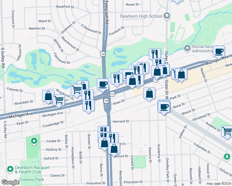 map of restaurants, bars, coffee shops, grocery stores, and more near 23955 Michigan Ave in Dearborn