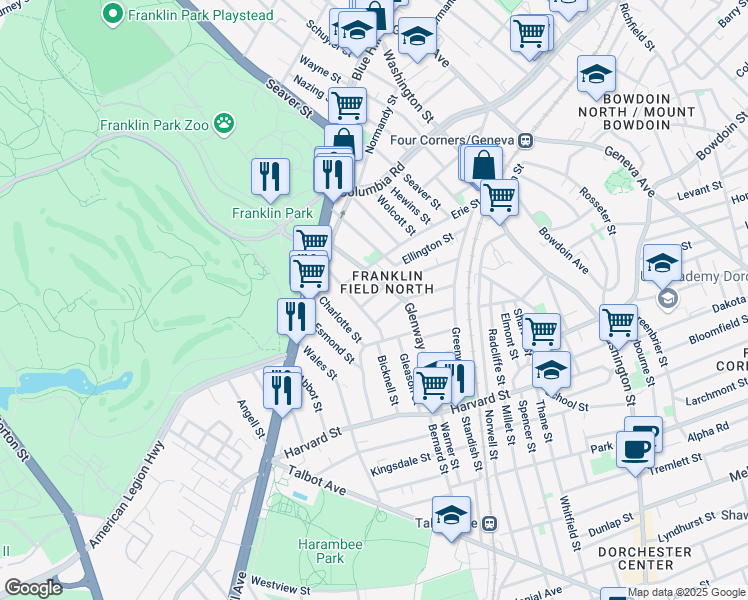map of restaurants, bars, coffee shops, grocery stores, and more near 13 Fowler Street in Boston