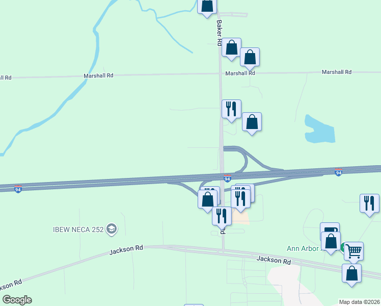 map of restaurants, bars, coffee shops, grocery stores, and more near 621 Baker Road in Dexter