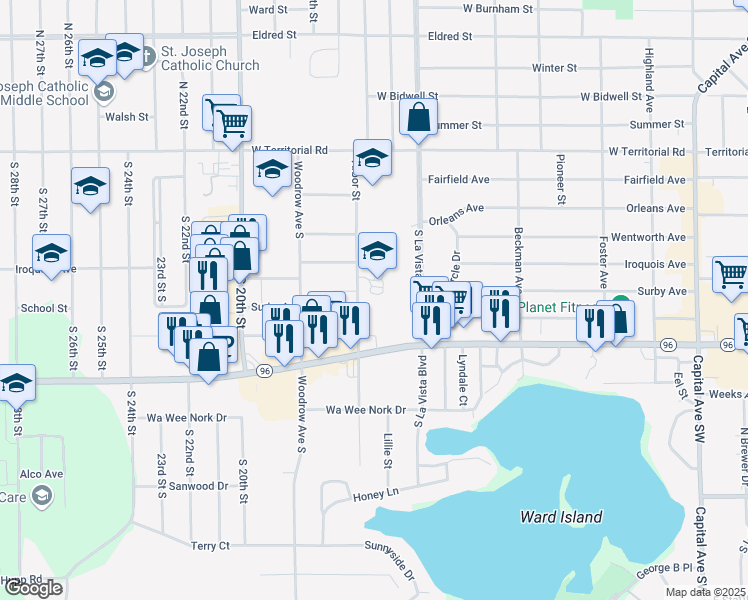 map of restaurants, bars, coffee shops, grocery stores, and more near 55 Arbor Street in Battle Creek