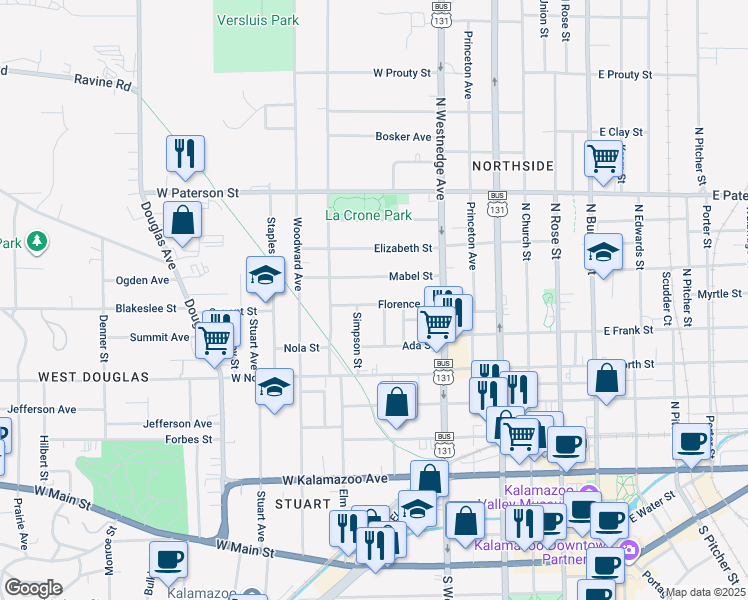 map of restaurants, bars, coffee shops, grocery stores, and more near 634 Florence Street in Kalamazoo