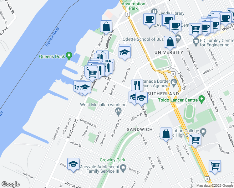 map of restaurants, bars, coffee shops, grocery stores, and more near 544 Laforet Street in Windsor
