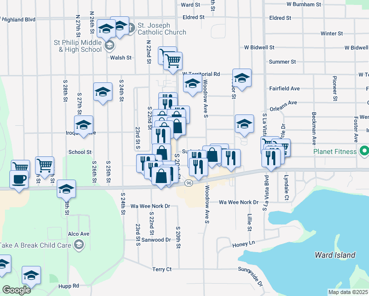 map of restaurants, bars, coffee shops, grocery stores, and more near 65 South 20th Street in Battle Creek