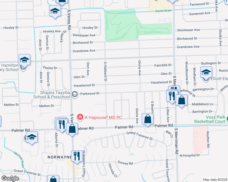 map of restaurants, bars, coffee shops, grocery stores, and more near 32318 Parkwood Street in Westland