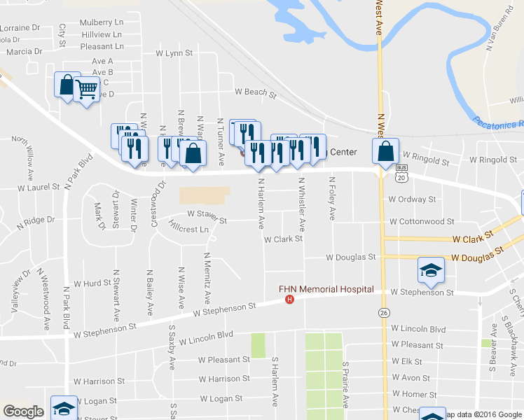 map of restaurants, bars, coffee shops, grocery stores, and more near 306 North Harlem Avenue in Freeport
