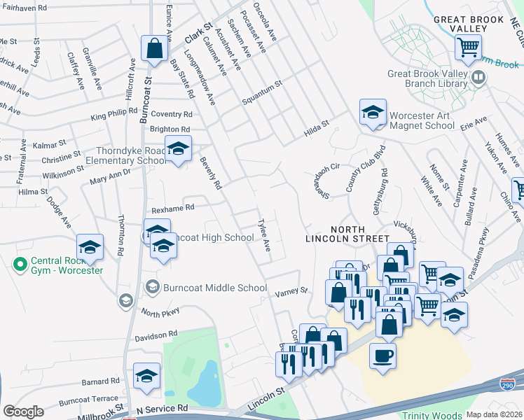 map of restaurants, bars, coffee shops, grocery stores, and more near 36 Tylee Avenue in Worcester