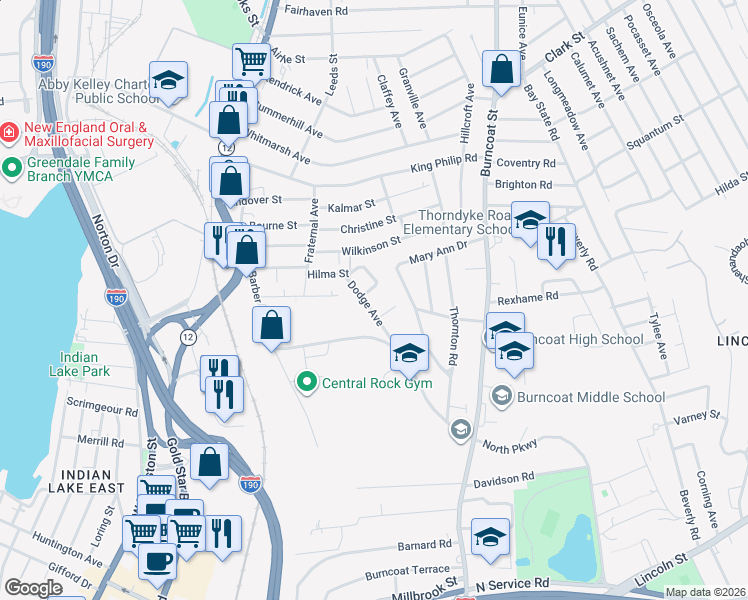 map of restaurants, bars, coffee shops, grocery stores, and more near 8 Dodge Avenue in Worcester