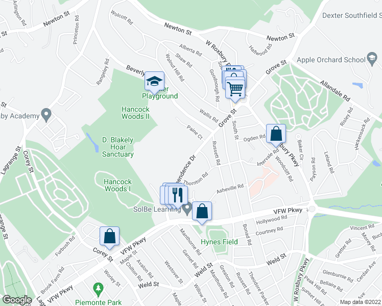 map of restaurants, bars, coffee shops, grocery stores, and more near 22 Gerry Road in Brookline